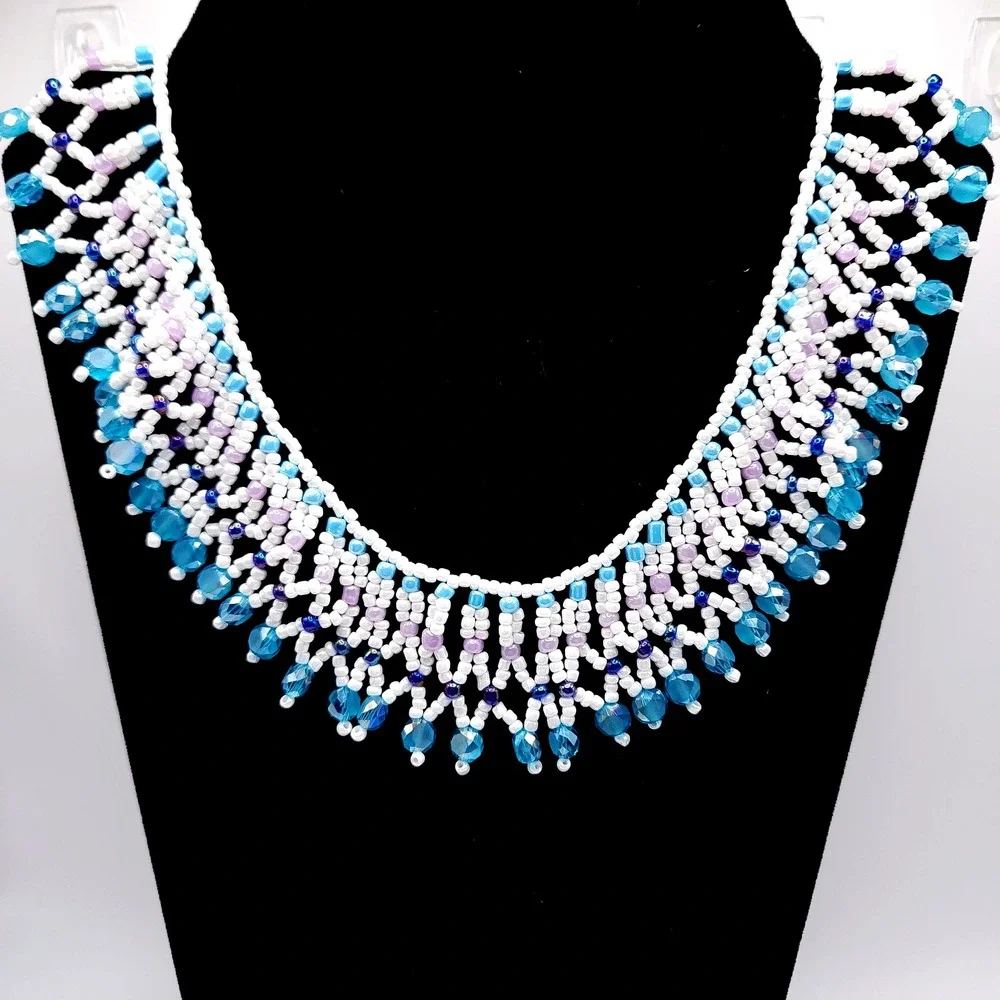 Aqua Blue Seed Bead Fringe Necklace Handmade Glass Collar Statement